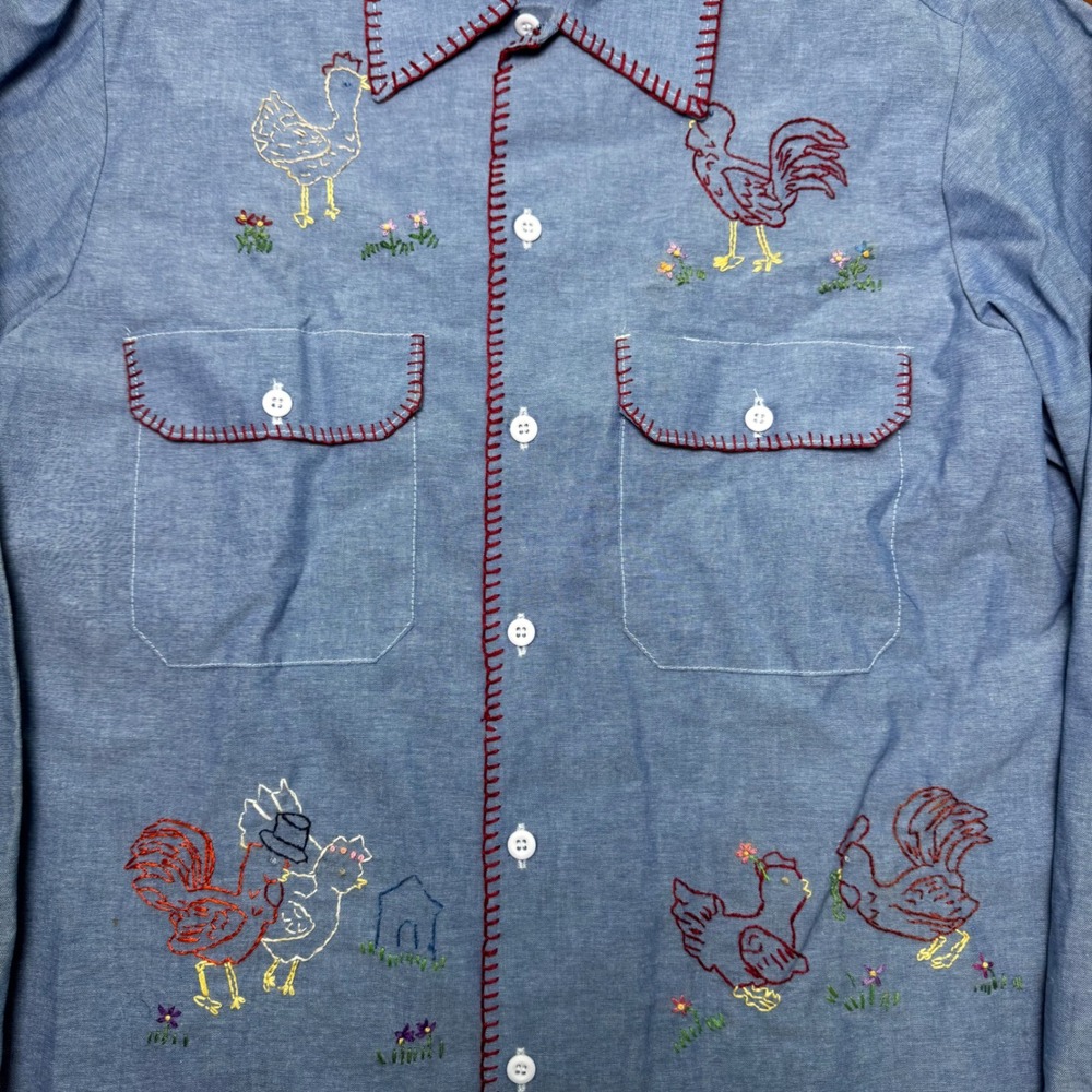 Vintage Dickies Chambray Embroidered Button Down Top Chickens Blue Grannycore - Picture 3 of 8
